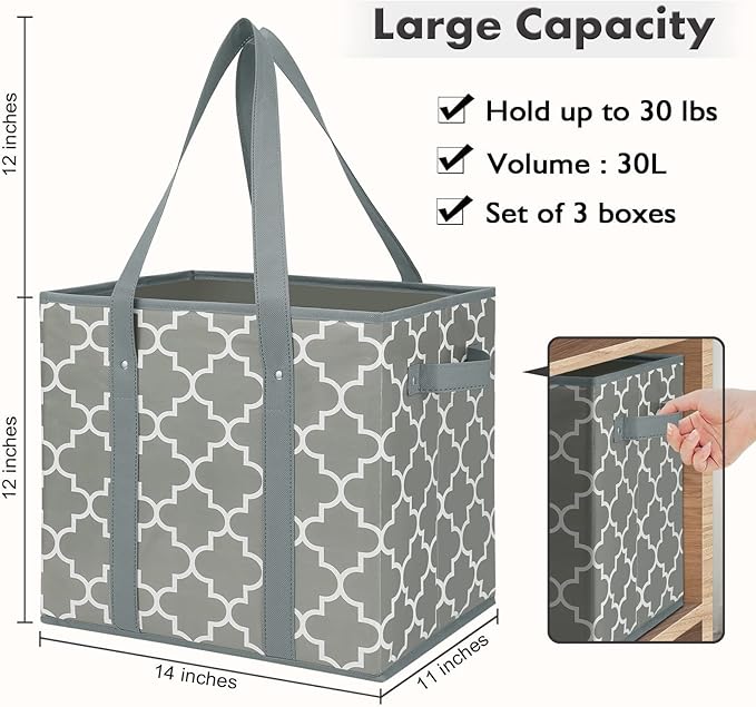 WISELIFE Reusable Grocery Bags 2-Pack Foldable Washable Storage Bins Basket Water Resistant Shopping Utility Tote Bag Grey