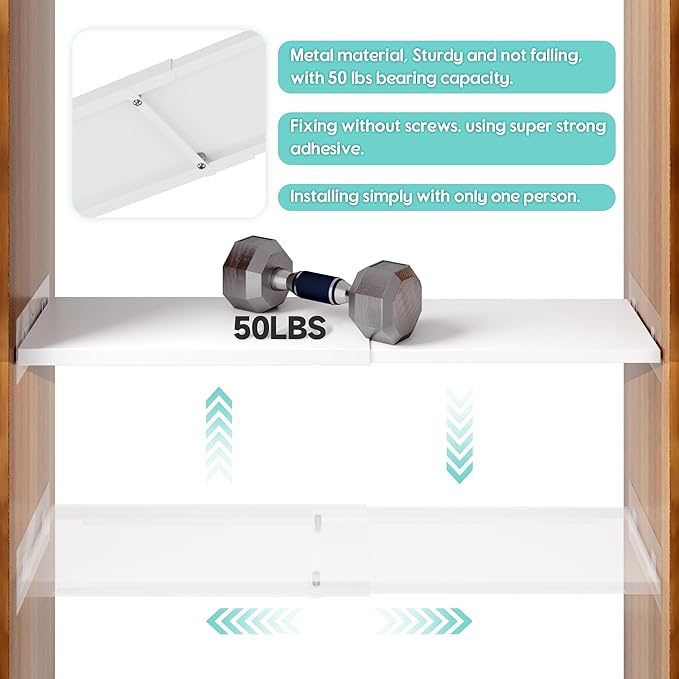 2Pack Adjustable Closet Shelves Organizer, Shelves for Closet Organization, Expandable Tension Shelf Storage Rack for Cabinet Wardrobe Cupboard Kitchen Bathroom
