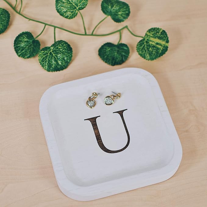 I'm Wooden Personalized Letter Catchall Valet Tray Trinket Dish Jewelry Tray Key Bowl Decorative Plate Organizing Ring Earrings Necklaces Bracelet Watch Coins Wallet Holder (6"x6" Sq White U)