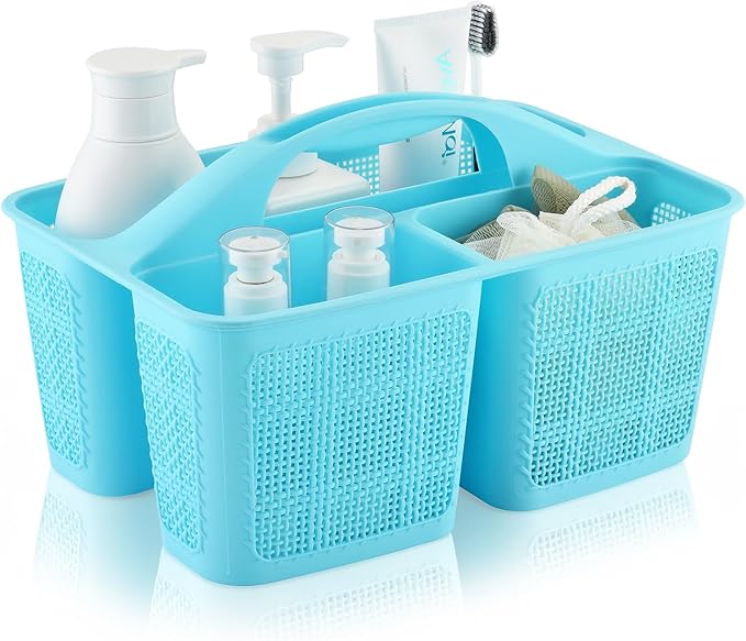 Plastic Blue Shower Caddy Basket, Divided Cleaning Portable Shower Basket with Handle Compartments Storage Organizer for Bathroom, College, Kitchen, Dorm Room Essentials