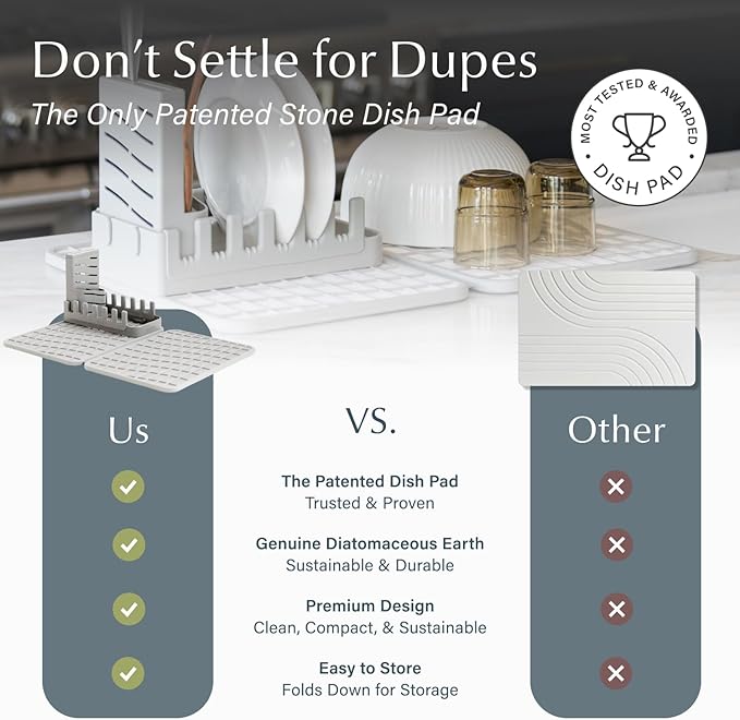 Dorai Home Collapsible Dish Drying Rack with Stone Dish Pad - Kitchen Counter Set with Diatomaceous Earth Stone Dish Mat for Quick Drying - Space-Saving Design - Large 24.6" x 16.5", Sandstone