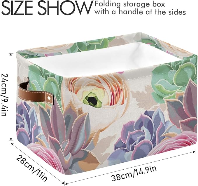 susiyo Large Foldable Storage Bin Succulent Flowers Cactus Fabric Storage Baskets Collapsible Decorative Baskets Organizing Basket Bin with PU Handles for Shelves Home Closet Bedroom Living Room-1Pack