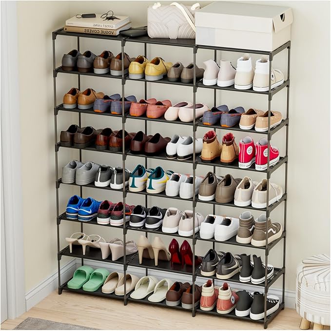 Large Shoe Rack Shoe Storage Organizer for Entryway Heavy Duty Free Standing Shelves Space Saving for Sneakers Hallway Garage Organization (3 Row 8 Tier)