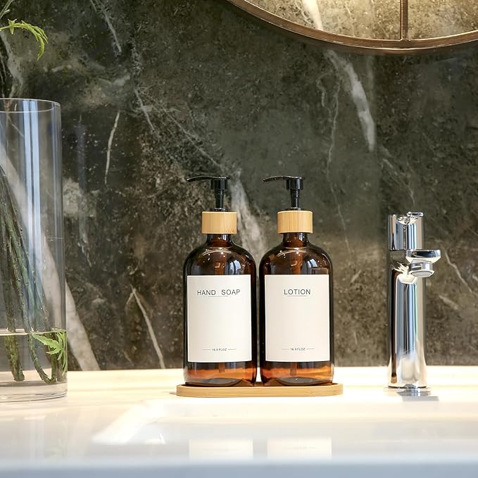 Amber Glass Soap Dispenser with Bamboo Pumps&Tray&Labels, Hand Dispenser, Lotion Dispenser, Dish Soap Dispenser for Kitchen Sink. (Amber)