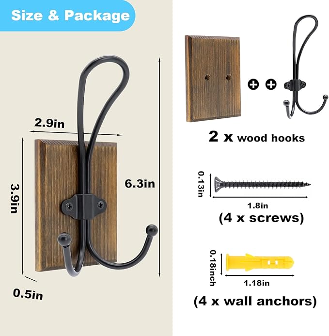 Wall Hooks for Hanging, 2 Pack Farmhouse Towel Hooks for Bathrooms Wall Mounted, Heavy Duty Rustic Decorative Wood Coat Hooks Hanging Keys Robe Hat for Bedroom, Kitchen,(Weathered Brown)