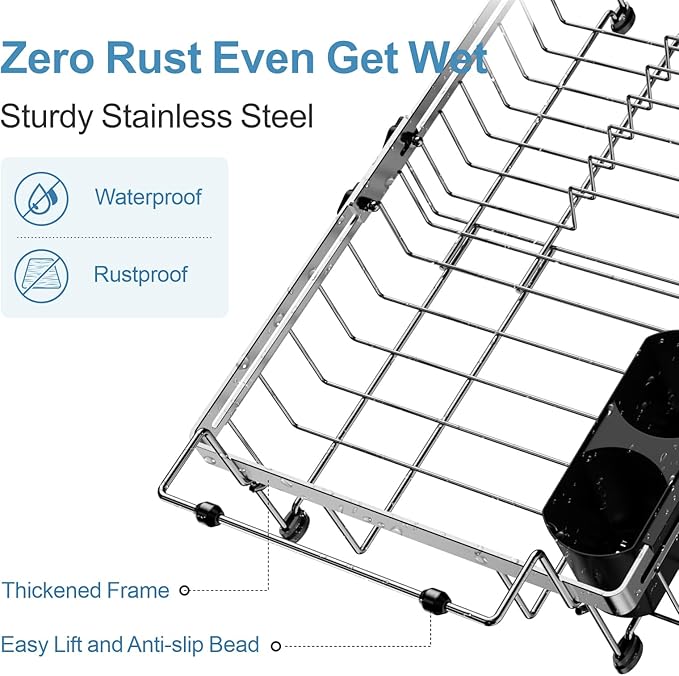 GSlife Expandable Over The Sink Dish Drying Rack - Stainless Steel Heavy Duty Dish Drainer with Square Corners, Rust Resistant with Lock Knob, Fit for Modern Single & Double Sinks, Black