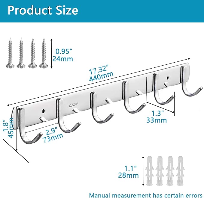 Coat Rack Wall Mounted - 6 Hooks, 304 Stainless Steel, Metal Coat Hook Rail for Coat Hat Towel Purse Robes Mudroom Bathroom Kitchen Entryway (Silver, 2 Packs)