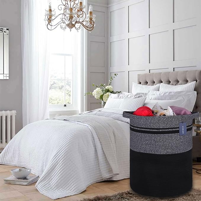 COMSE Extra Large Blanket Basket, Tall Laundry Basket, Nursery Hamper, 15.7âx 21.7â, Cotton Rope Woven Laundry Hamper for Storage Toys Clothes Towels, Black
