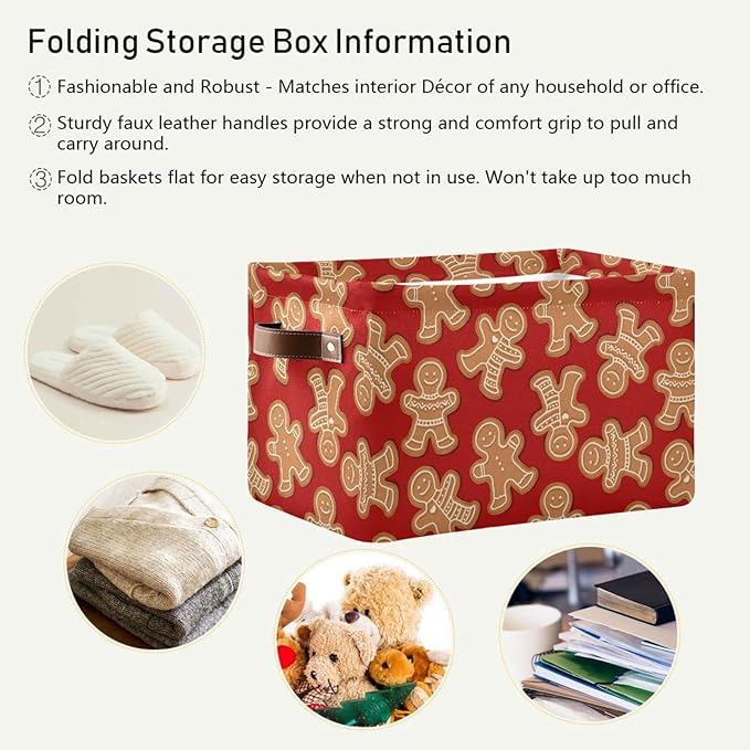 Bolaz Large Storage Basket Christmas Gingerbread Cookies Foldable Storage Box Organizer Bins with Handles for Bedroom Home Office
