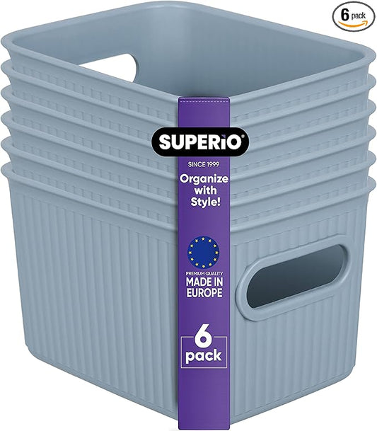 Superio Ribbed Collection - Decorative Plastic Basket Open Home Storage Bins Organizer, Small Blue (6 Pack) Container Boxes for Organizing Closet Storage Bins for Shelves Drawer Shelf 1.5 Liter