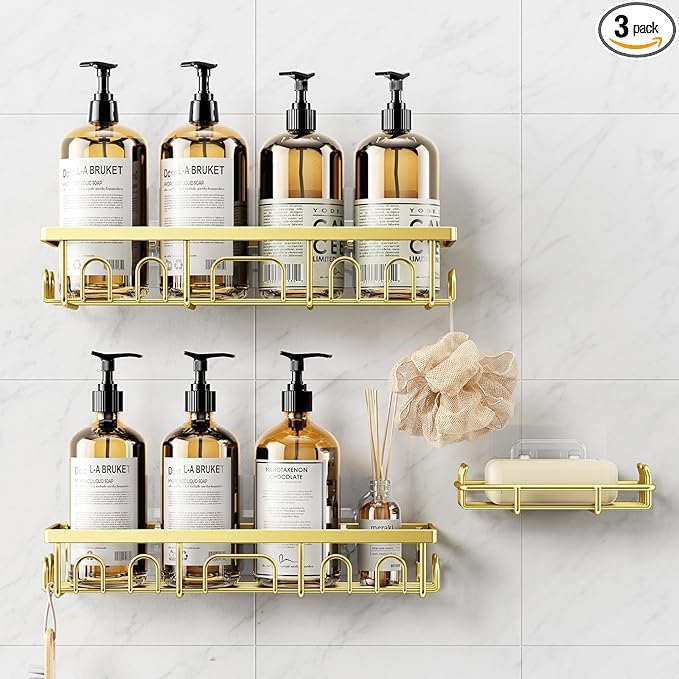 Shower Caddy, 3 Pack Shower Shelves for Inside Bathroom, Rustproof Adhesive Bathroom Organizer with Soap Holder, No Drilling Washroom Organizers and Storage for Bathtub Room/Kitchen/Home, Gold