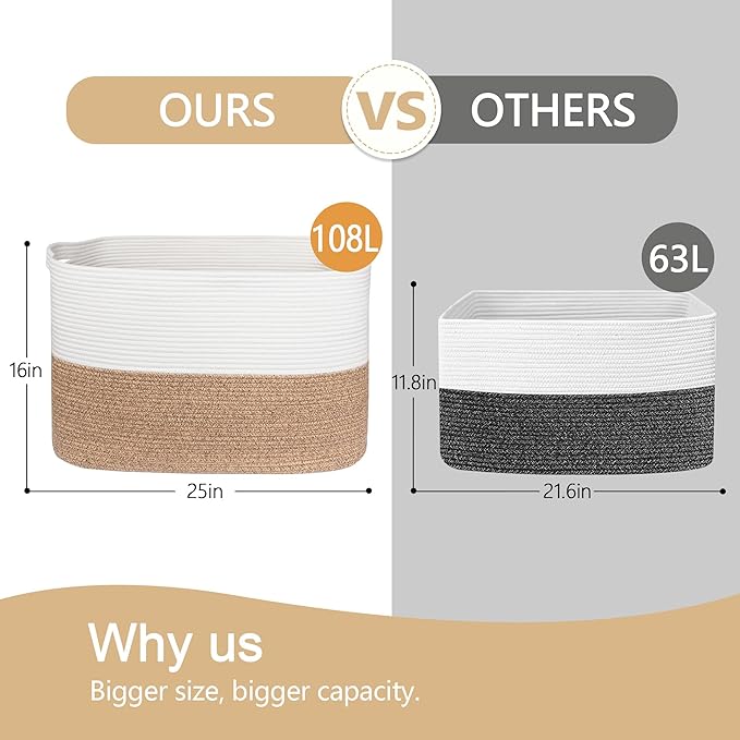 108L Super Large Blanket Basket, 25" x 16" x 16" Woven Jumbo Basket for Blankets, Toys, Laundry, Extra Large Cotton Rope Pillow Holder Organizer, Entryway Shoes Bin, Living Room Storage