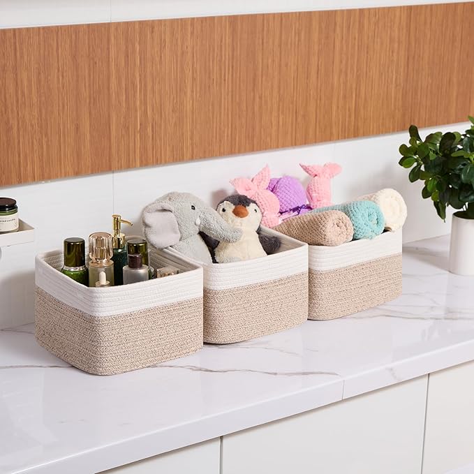 Small Organizing Baskets for Cubes Shelf, 9.7x9.7x7.1 Inch Rope Woven Storage Bins for Nursery Shelves Storage, Cute Toy Basket, Square 3 Packs Off White Brown