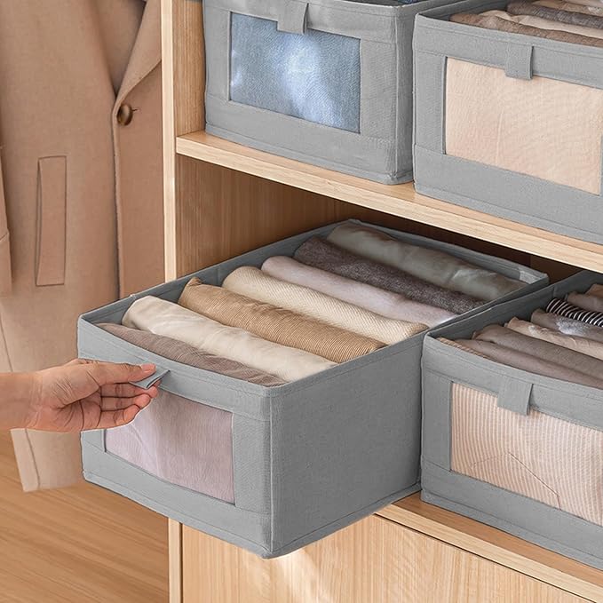 Linen Closet Organizers and Storage, 2 Pack Storage Bins Linen Clothing Organizer Baskets with Mesh Window, Foldable Closet Organizer for Clothing, Towels, Toys, Nursery, Books, Shelves (Grey)