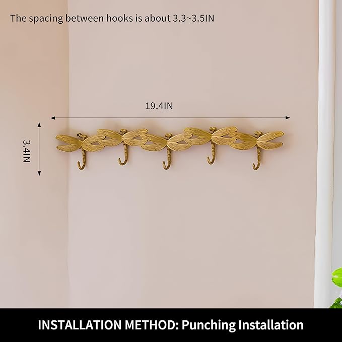 Gold Coat Rack Wall Mounted - 5 Tri Hooks, Heavy Duty, Brass Coat Hook Rail for Coat Hat Towel Purse Robes Mudroom Bathroom Entryway
