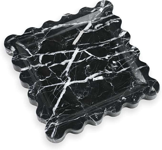 Elegant Square Marble Decorative Tray with Scalloped Edge Natural Stone Vanity Tray Organizer for Counter, Vanity, Dresser, Nightstand, Bathroom & Kitchen Sink(Black)