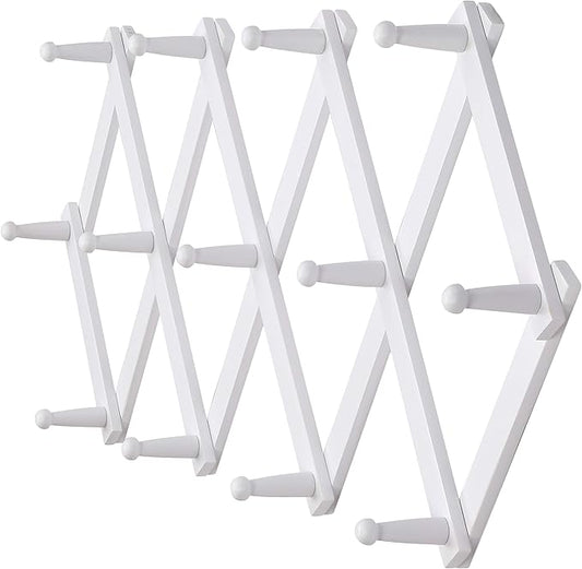 Dseap Accordian Wall Hanger: 16” High Wooden Wall Expandable Coat Rack, Hat Rack Holder, Accordion Hook for Baseball Caps, Coats, Mugs, 13 Peg Hooks, White