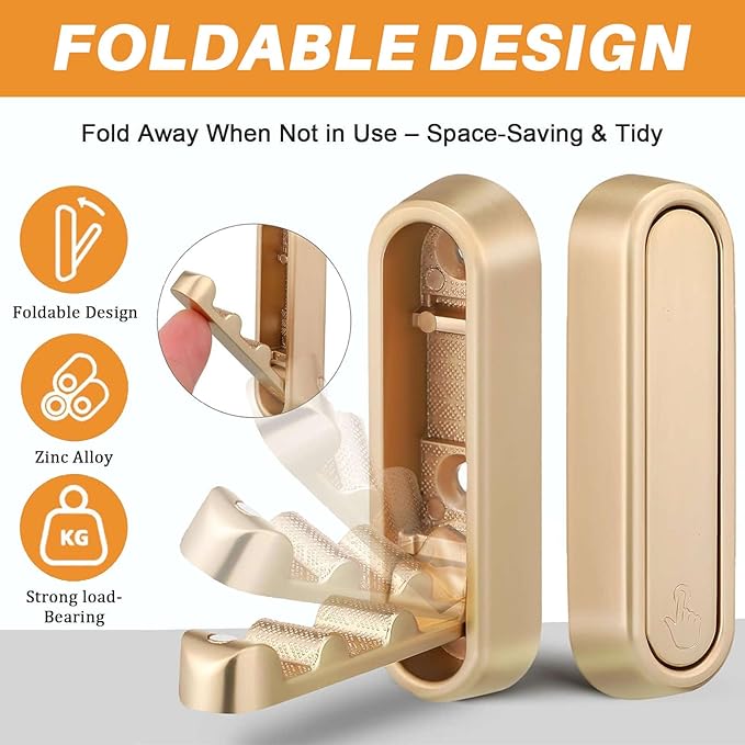 4PCS Folding Wall Hooks, Foldable Coat Hooks Heavy Duty Foldable Hook Bathroom Towel Hooks Robe Hooks Wall Mounted for Bathroom, Closet, Entryway, Pool, and Kitchen (Round-Gold)