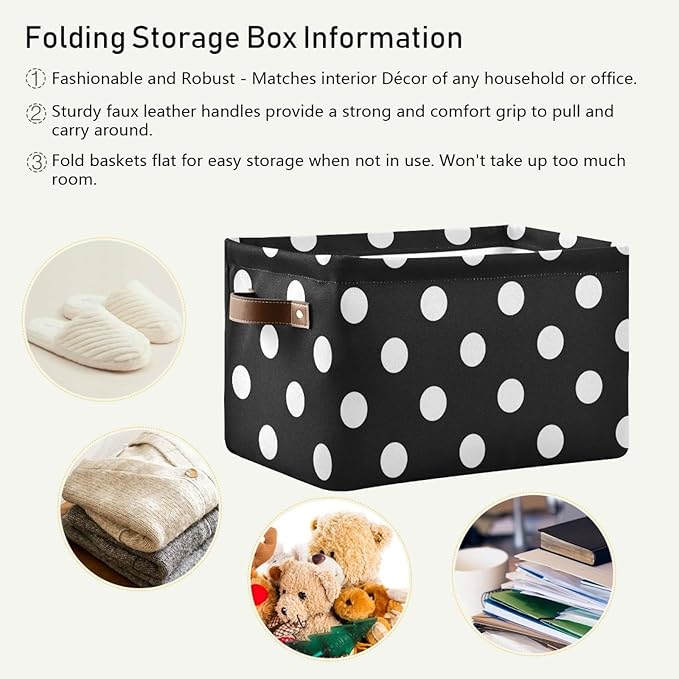 susiyo Large Foldable Storage Bin Black White Polka Dot Fabric Storage Baskets Collapsible Decorative Baskets Organizing Basket Bin with PU Handles for Shelves Home Closet Bedroom Living Room-2Pack