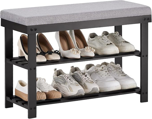 Apicizon 3-Tier Shoe Rack for Entryway, Bamboo Shoe Bench with Cushion Padded Seat, Small Shoe Organizer with Storage for Indoor Entrance Hallway Bedroom Living Room, Black