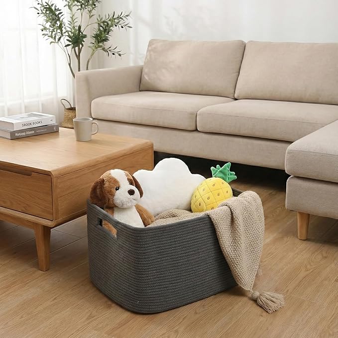 Woven Blanket Basket,96L Large Storage Bin for Blankets Toys Clothes,Decorative Rope Basket for Living Room Bedroom with Handles, Grey