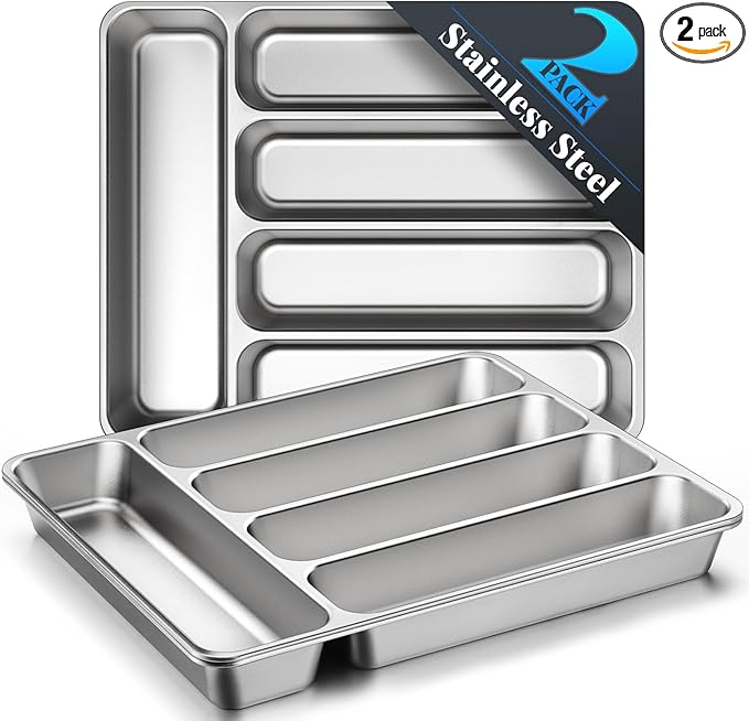 IKOCO 2-Pack Silverware Organizers Stainless Steel Kitchen Drawer Organizer with 5 Compartments, Dishwasher Safe for Spoons Forks Knives (13.8”x11.4”, Silver)