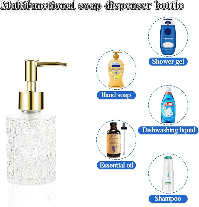 Multipurpose Soap Dispenser Easy to Clean Glass Soap Pump Dispenser Ideal for Bath and Bathroom (2PCS Gold)