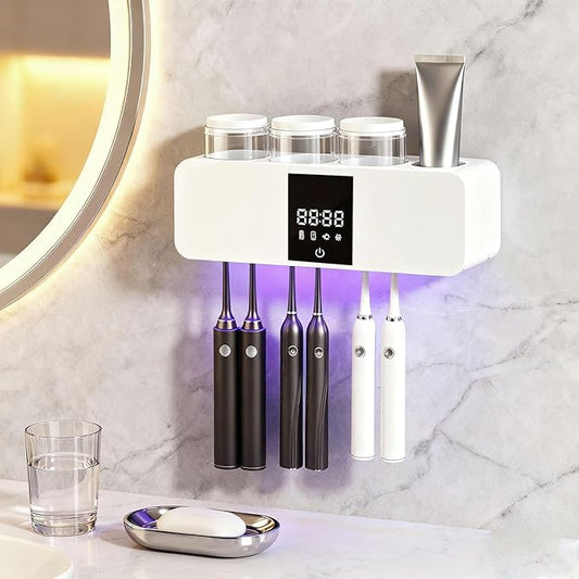 Toothbrush Cleaner Holder, Wall Mounted Tooth Brushing Holder with 3 Cups,No-Drill Installation for Family Home Bathroom Organizer