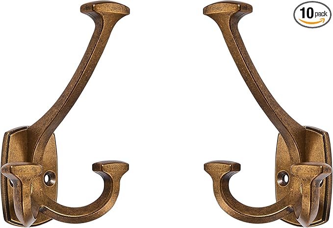 Large Wall Double-Sided Hook 10 Pack Antique Brass Hook Decorative Heavy Duty Solid Large Coat Hooks for Towel Hanging Coats Robe Towel Bags Door Back 2 Prong Hooks