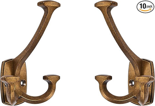 Large Wall Double-Sided Hook 10 Pack Antique Brass Hook Decorative Heavy Duty Solid Large Coat Hooks for Towel Hanging Coats Robe Towel Bags Door Back 2 Prong Hooks