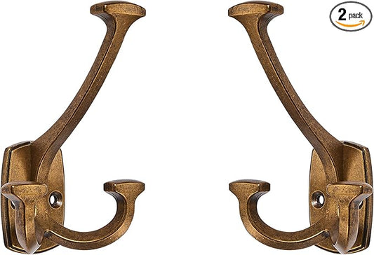 Large Wall Double-Sided Hook 2 Pack Antique Brass Hook Decorative Heavy Duty Solid Large Coat Hooks for Towel Hanging Coats Robe Towel Bags Door Back 2 Prong Hooks