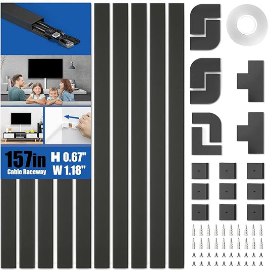 Delamu 157in Cord Hider, Cord Cover Wall Cable Management, Paintable Wire Cover for Cords, Cable Hider Raceway Kit, Cable Cover Concealer, Wire Hiders for TV on Wall, 10 X L15.7 W1.18 H0.6in, Black