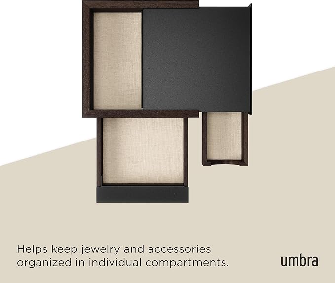 Umbra Mini Stowit Jewelry Box - Modern Keepsake Storage Organizer with Hidden Compartment Drawers for Ring, Bracelet, Watch, Necklace, Earrings, and Accessories, Black/Walnut