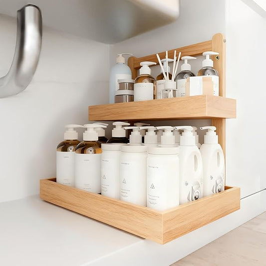 2-Tier Under Sink Pull Out Organizer, Bamboo Cabinet Storage Shelf with Adjustable Height, 9 Inch White Slide Out for Kitchen Bathroom Pantry