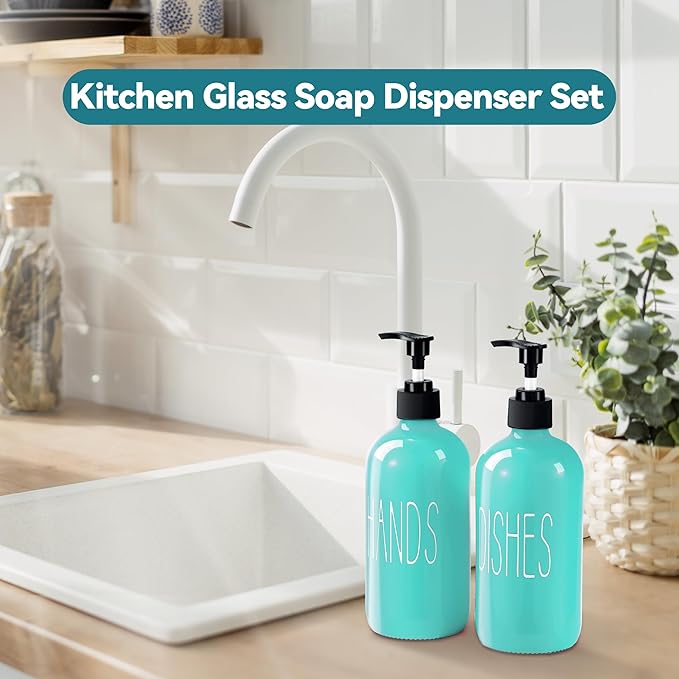 Glass Soap Dispenser Set 2 Pack,16 Oz Dish Soap Dispenser for Kitchen Sink,Teal Kitchen Accessories and Kitchen Decor,Turquoise Decorations and Kitchen Utensils for Kitchen