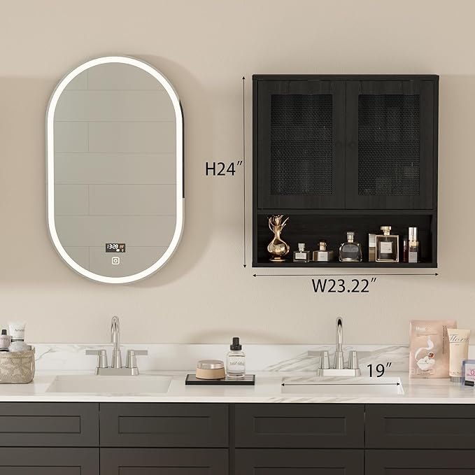 Bathroom Wall Cabinet, Wall-Mounted Rattan Medicine Cabinet with Double-Door, Floating Bathroom Cabinet Over Toilet for Laundry Room & Kitchen & Living Room 23.23 x 7.68 x 24 in