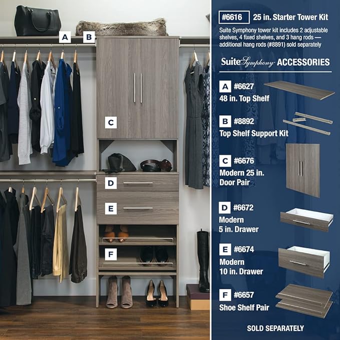 ClosetMaid SuiteSymphony Wood Shoe Shelves Set, Add On Accessory, Angled, Shoe Fence, for 25 in. Units, Graphite Grey/Satin Nickel