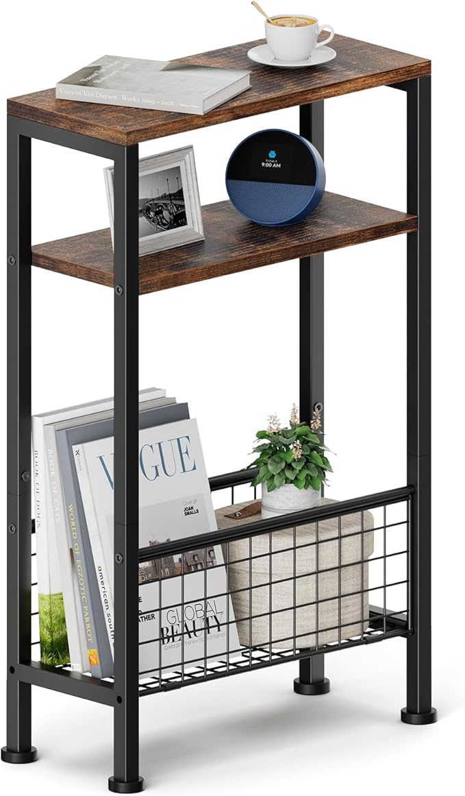 Karii Narrow Side Table, Skinny End Table for Small Spaces with Storage, 3-Tier Slim Wooden Bedside Nightstand Thin Couch Table for Living Room Bedroom Office Dorm Kitchen Bathroom (1, Rustic Brown)