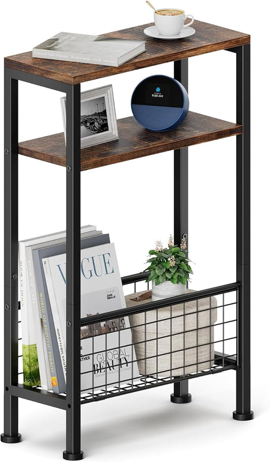 Karii Narrow Side Table, Skinny End Table for Small Spaces with Storage, 3-Tier Slim Wooden Bedside Nightstand Thin Couch Table for Living Room Bedroom Office Dorm Kitchen Bathroom (1, Rustic Brown)