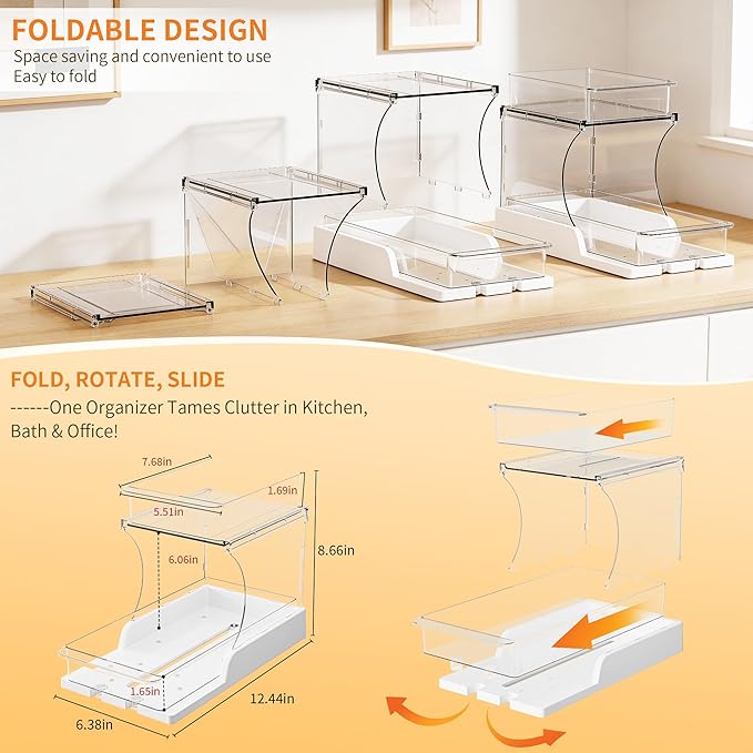 Attelite Pull Out Cabinet Organizer, 2 Tier Bathroom Counter Organizer with 180° Rotating and Foldable Design, Sliding Drawers Clear Spice Rack Organizer for Cabinet, Under Sink Organizer