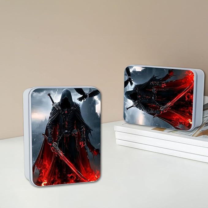 Metal Tin Box with Lid,Multi-functional Storage Box Can Store Tea Biscuits Game Cards, Playing & Tarot Cards-Comes with 4 Magnetic Cord Clips,Dark Warrior with Red Sword