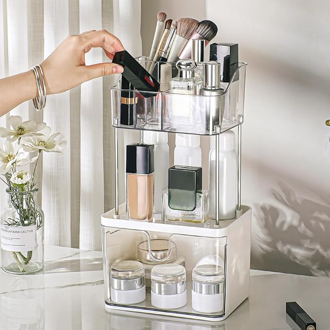 FORUP Makeup Organizer for Vanity, 2-Tier 1-Drawer Bathroom Counter Organizer, Multi-Purpose Vanity Organizer, Skincare Perfume Organizers, Cosmetic Dresser Organizer for Vanity Countertop, Clear