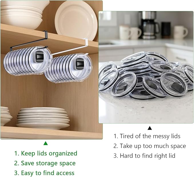 Tumbler Lid Organizer for Water Bottle, Cup and Mason Jar Storage - Space Saving Kitchen Organizers Holds 12 Lids, No-Tool Corner Cabinet Rack, No Drill Needed (1 Pack, Black)