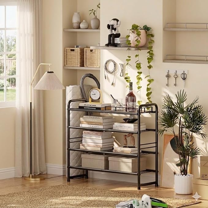 4 Tier Shoe Rack, 32.5" Wide Stackable Sturdy Metal Shoe Shelf Storage Organizer with Height-Adjustable for Entryway, Closet, Black