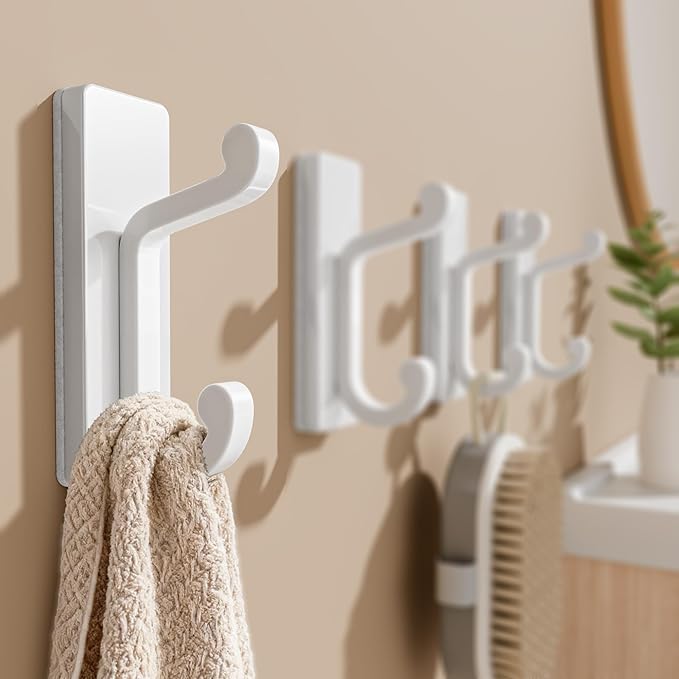 White Self Adhesive Wall Hooks - 4 Pack Sticky Hangers Wall Mount, Holds 13Lbs for Clothes, Towel, Robes, Keys, Double Hooks for Bathroom, Bedroom and Door.