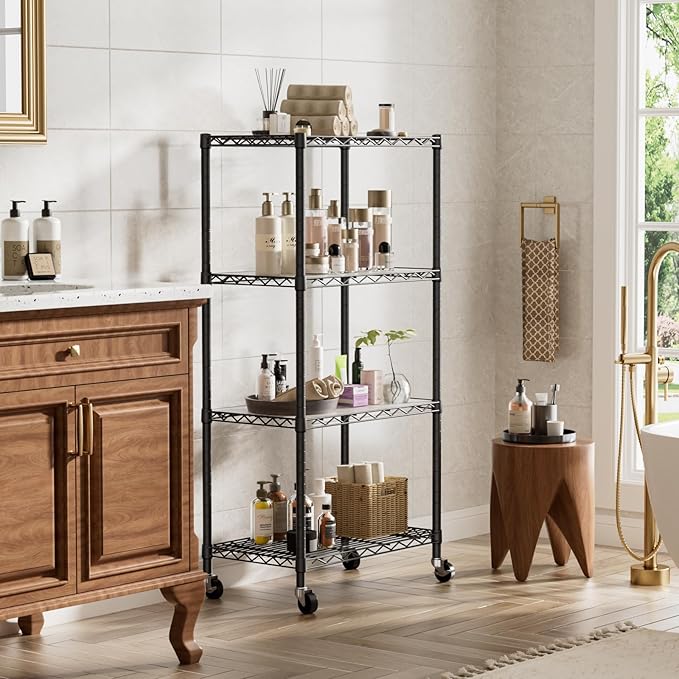 4 Tier Shelves Storage Shelf Wire Closet Bathroom Organizers Metal Pantry Kitchen Garage Shelving Unit Laundry Room Organization Home Rack Net Basket Black with Wheels 14”D X 24”W X 48.9”H
