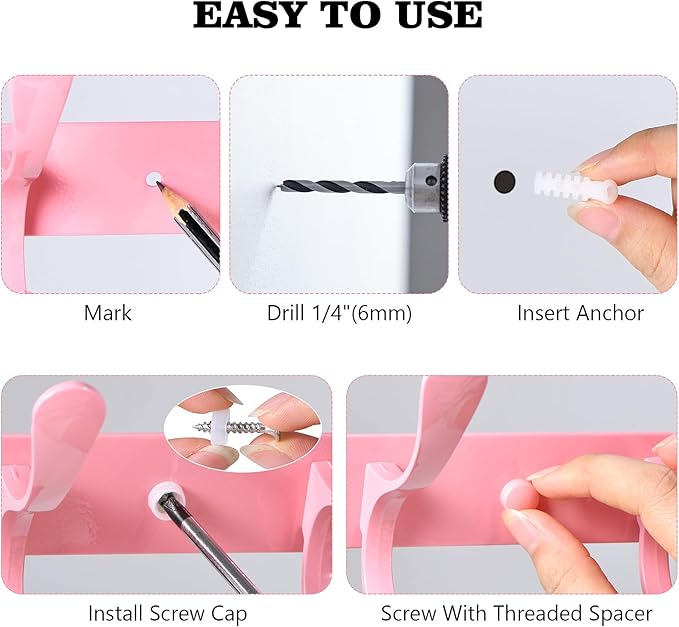 Eleckey Cute Pink Clothing Coat Rack, Wall Mounted Clothes Hooks Rack(Pink)