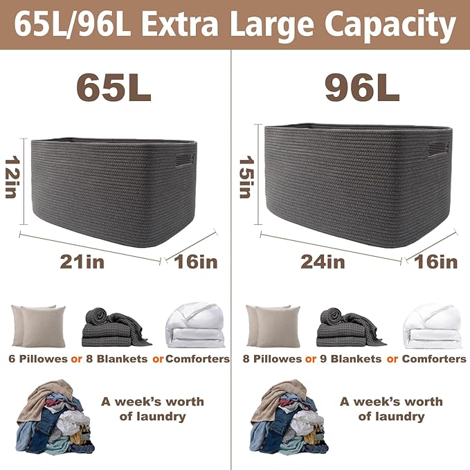 Woven Blanket Basket,65L Large Storage Bin for Blankets Toys Clothes,Decorative Rope Basket for Living Room Bedroom with Handles, Grey