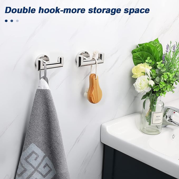 NearMoon Bathroom Double Towel Hook- SUS304 Stainless Steel Robe Towel Holder, Heavy Duty Double Coat Hook for Bathroom Livingroom Kitchen Wall Mounted (Chrome Finish-U, 2 Pack)