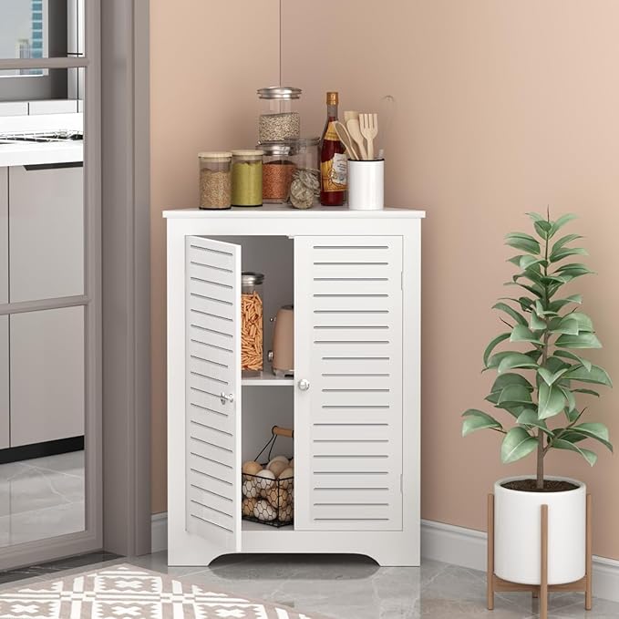 TuoxinEM Bathroom Corner Storage Cabinet, Floor Cabinet with 2 Doors, Freestanding Corner Organizer, Home Space Saver for Bathroom, Kitchen, Living Room (White)
